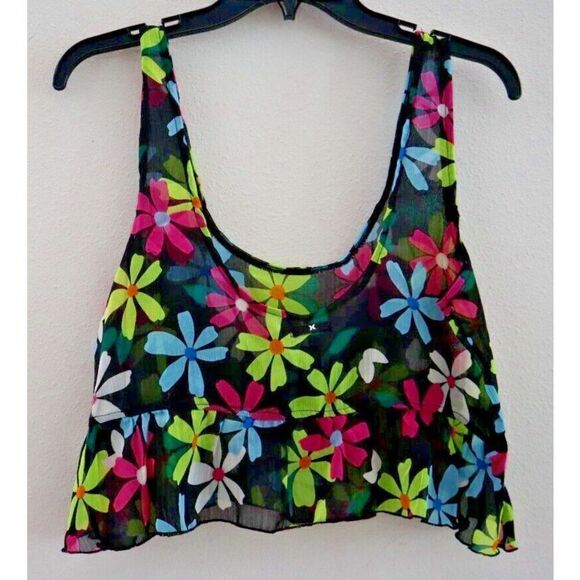 Hurley HC0169 Women's Sz Small Pink Punch Sheer Daisy Pop Flounce Tank Top - Picture 2 of 5